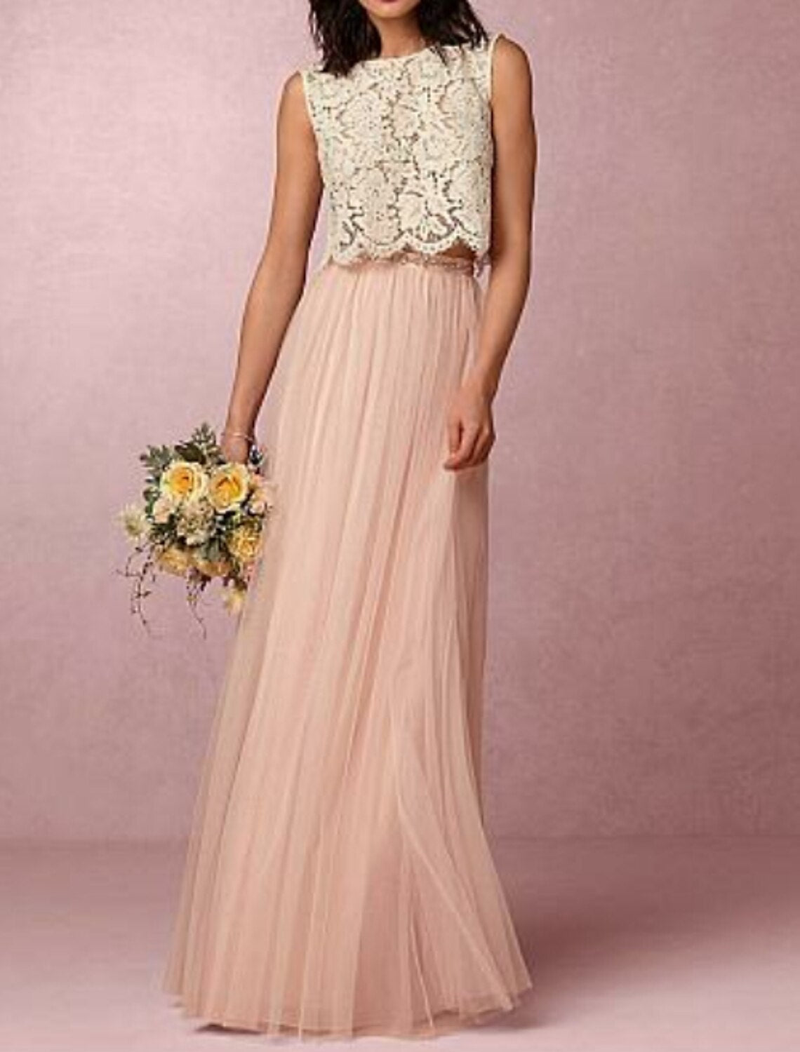 Abito da damigella d'onore a trapezio, senza maniche, due pezzi, lunghezza pavimento, in chiffon/pizzo con pieghe